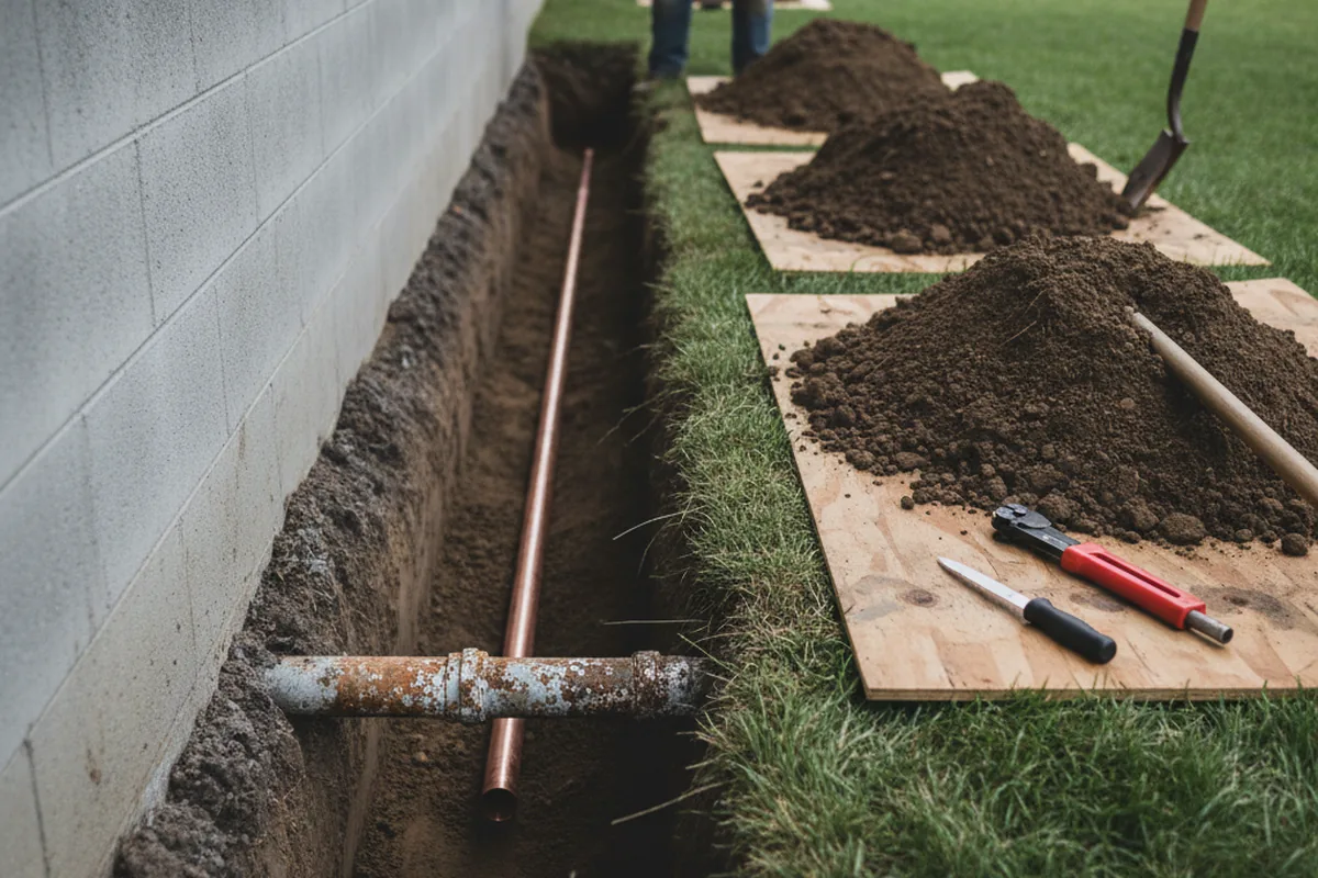 Excavated water line trench during Water Heater Repair in Clermont